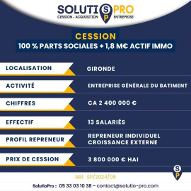 
                                                                                        Vente
                                                                                         Reprise entreprise de construction de renom 33