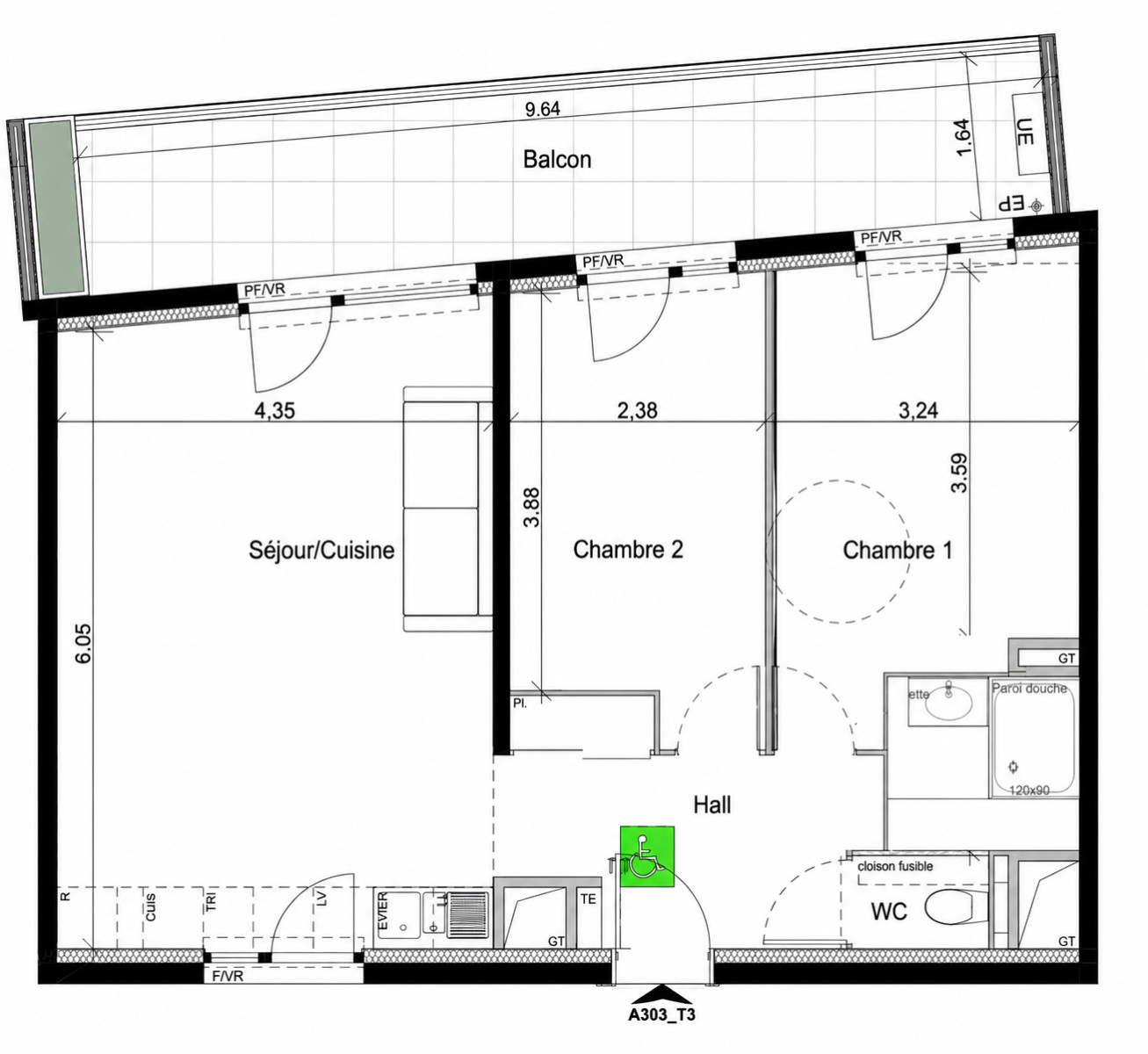 
                                                Vente
                                                 Appartement  - Appartement  - 3 pièces  - 62.64 m²