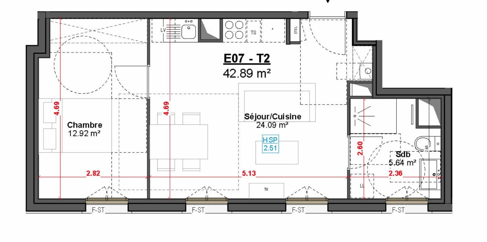 
                                                Vente
                                                 Appartement T2  de plus de 42m2