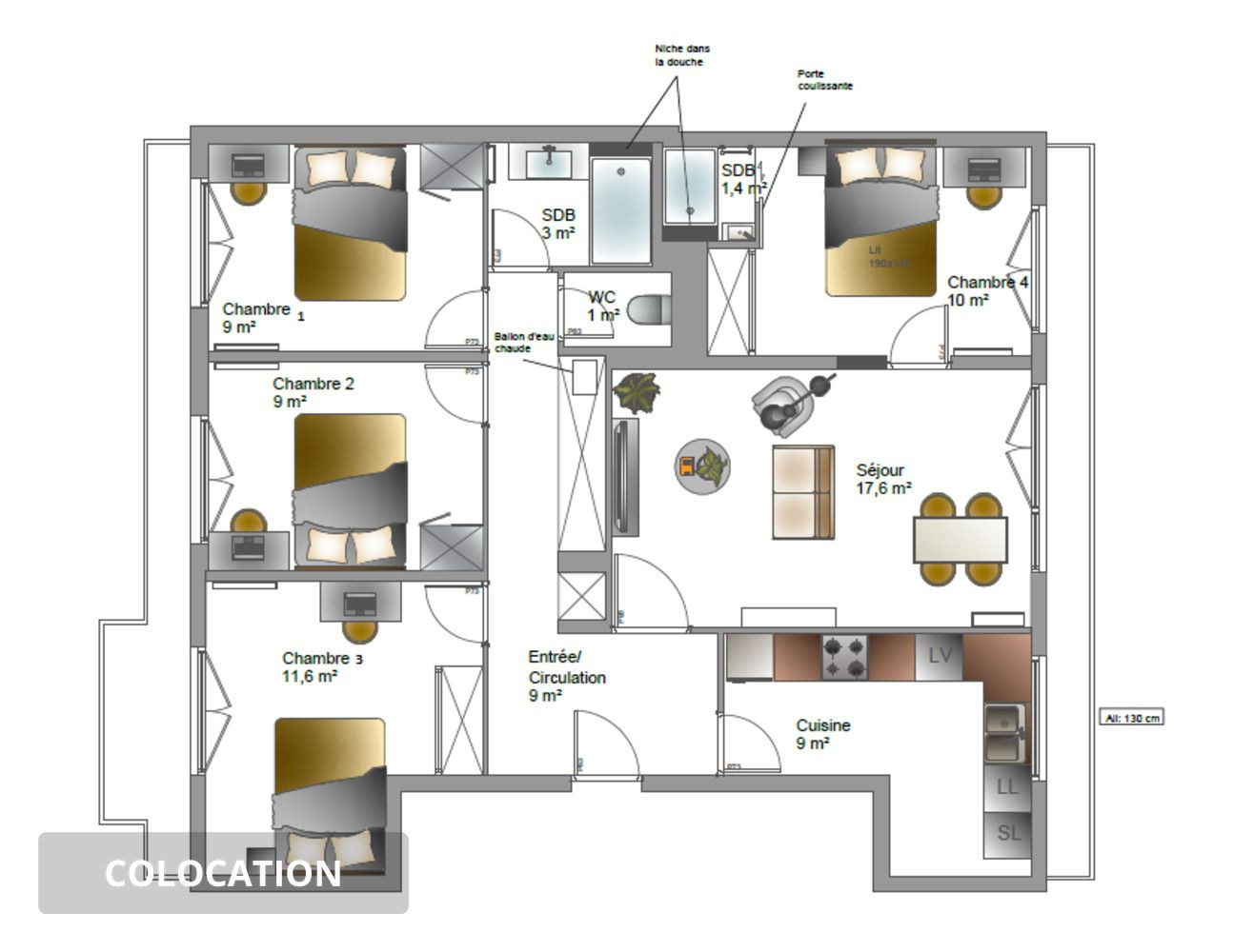 
                                                Colocation
                                                 Colocation Meublée lumineux - 1 ch disponible