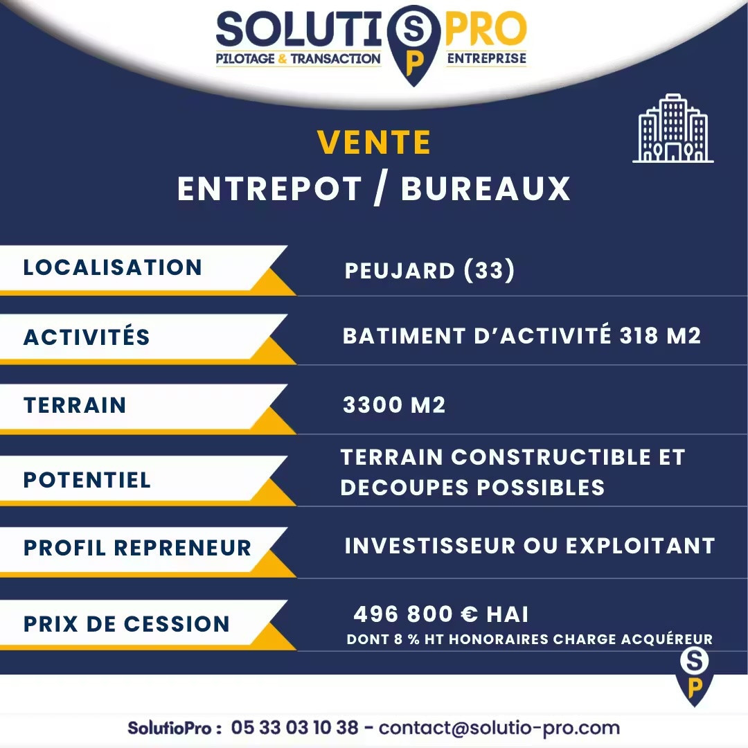 
                                                Vente
                                                 Entrepôt 318m² + terrain à Peujard (33240)