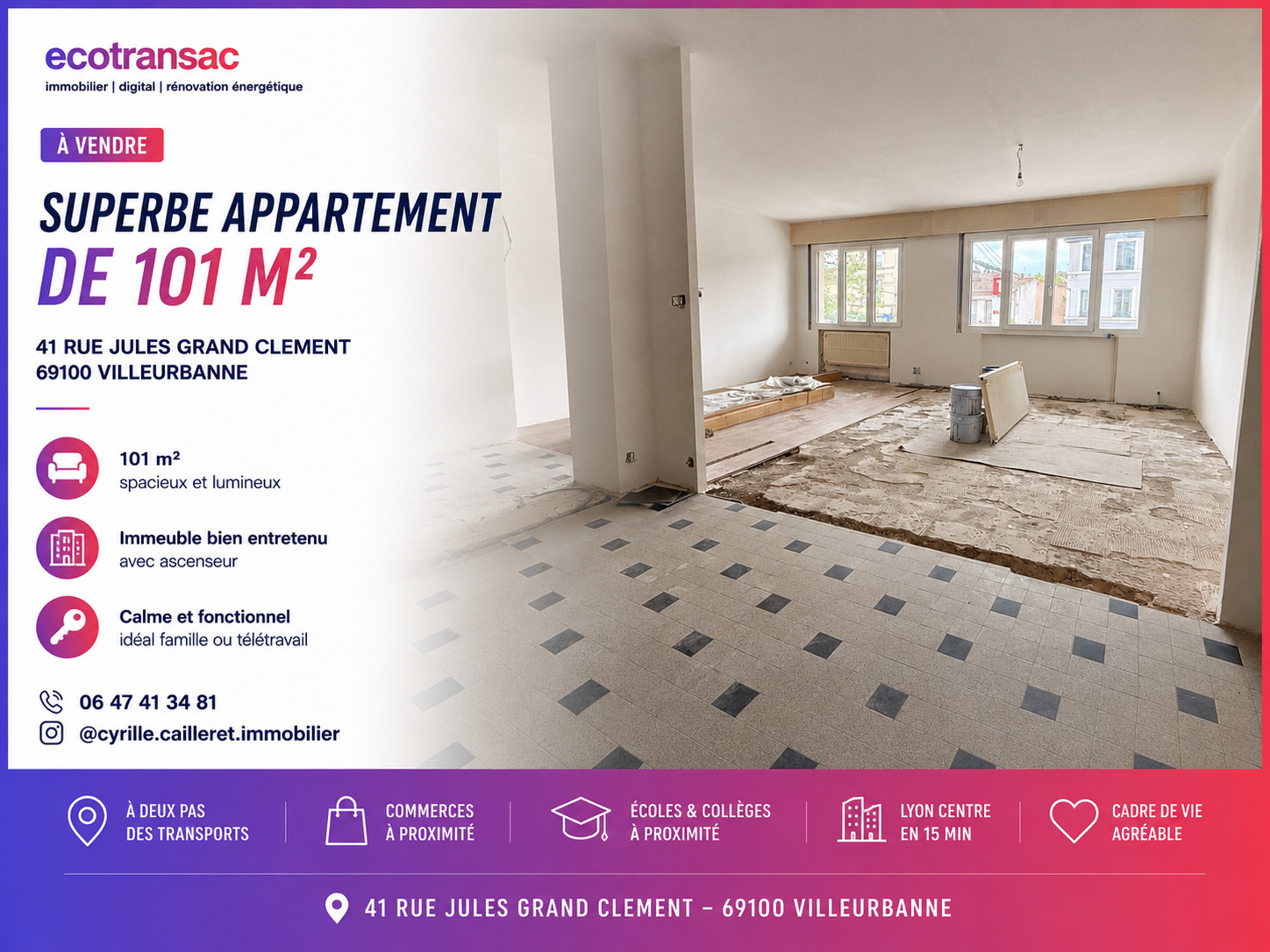 
                                                Vente
                                                 Grand Appartement lumineux et traversant - Grand Clement