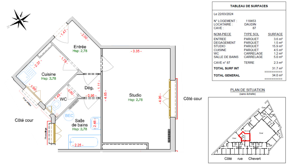 
                                                Vente
                                                 GRAND STUDIO SUR COUR