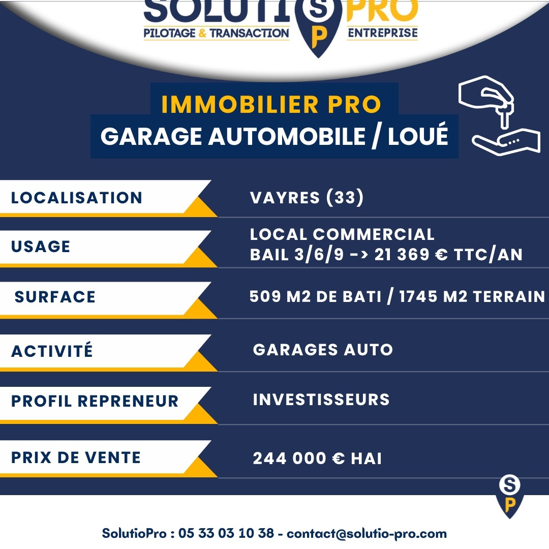 
                                                Vente
                                                 IMMOBILIER PROFESSIONNEL  LOUÉ VAYRES (33) –