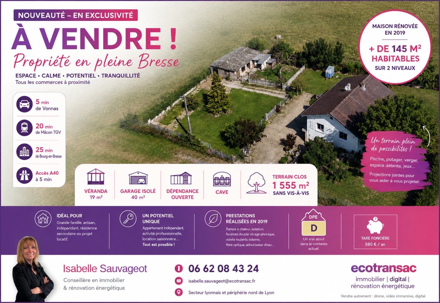 
                                                Vente
                                                 MAISON RENOVEE 145 m², GARAGE 40 m², TERRAIN 1 555 m², CORSANT-LA NEUVE