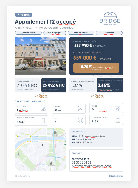 
                                                Vente
                                                 Paris 7e - Appartement 2 pièces - Loué