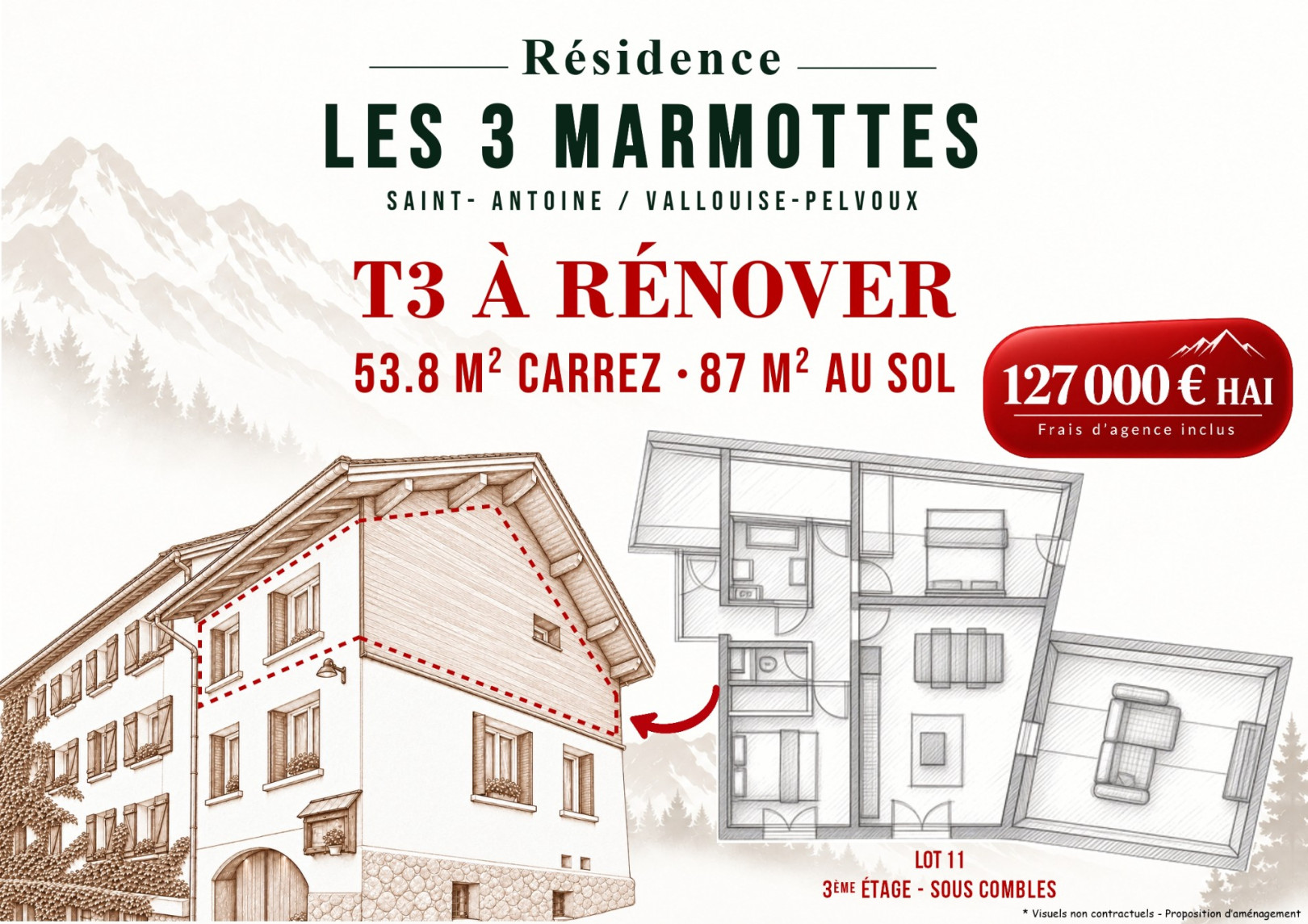 
                                                Vente
                                                 PELVOUX - Appt T3 de 87 m² à rénover